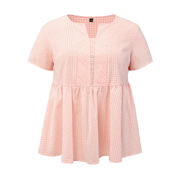 GRACE & GRANDEUR Women's Plus Size Easter Gingham Tops 100% Cotton Plaid Peplum Top Notch Neck Short Sleeve Summer Flowy Babydoll Blouse 1X Light Pink