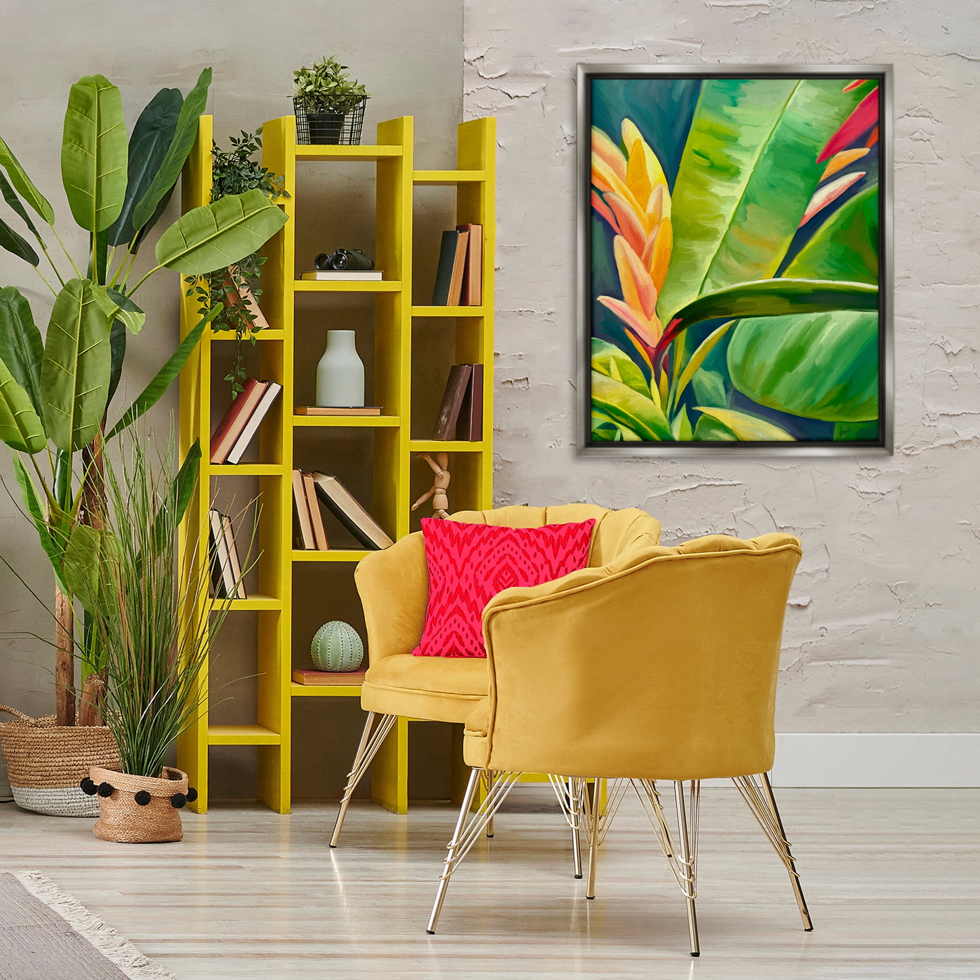 Stupell Industries Bright Tropics Greenery Botanical & Floral Painting Gray Floater Framed Art Print Wall Art, 25 x 31