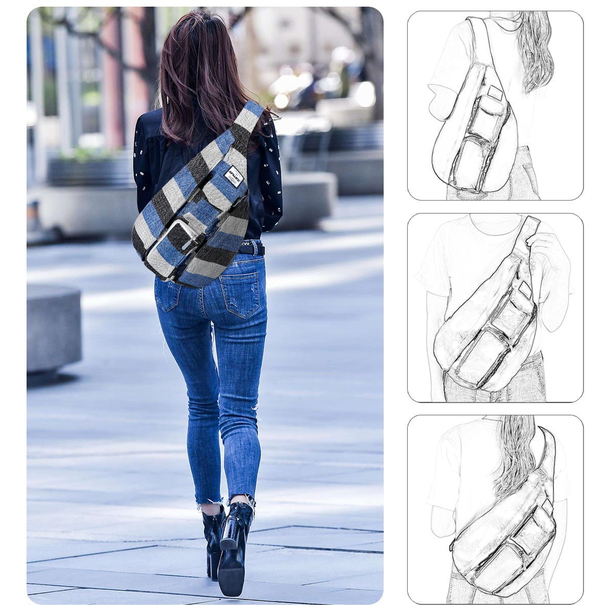 HAWEE Backpack for Women Hiking Backpack Chest Sling Bag Sports Travel Crossbody Daypack, Wide Stripes of Black/ Blue/Gray