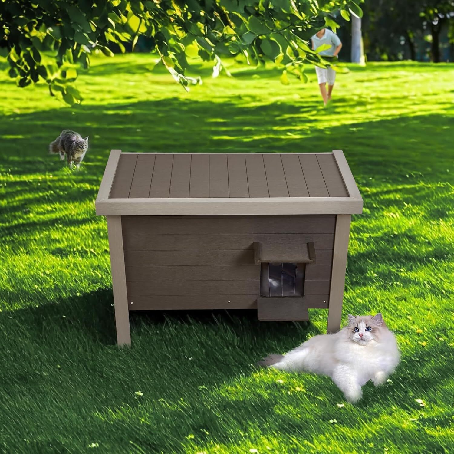 GONICHA Oversized Outdoor Cat House Weatherproof, Poly Lumber Cat Houses for Outdoor Cats Insulated, Feral Cat Shelter with Escape Door and Openable Roof ,Light Gray