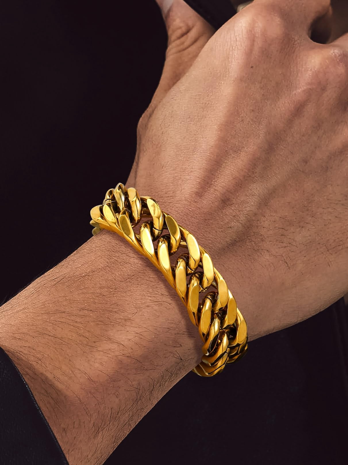 Bandmax 17MM 14K Gold Plated Cuban Chain Bracelets for Men Stainless Steel Miami Curb Link Hand Chain Wristlet Birthday Valentines Father Day Gift for Dad Son Husband Grandpa