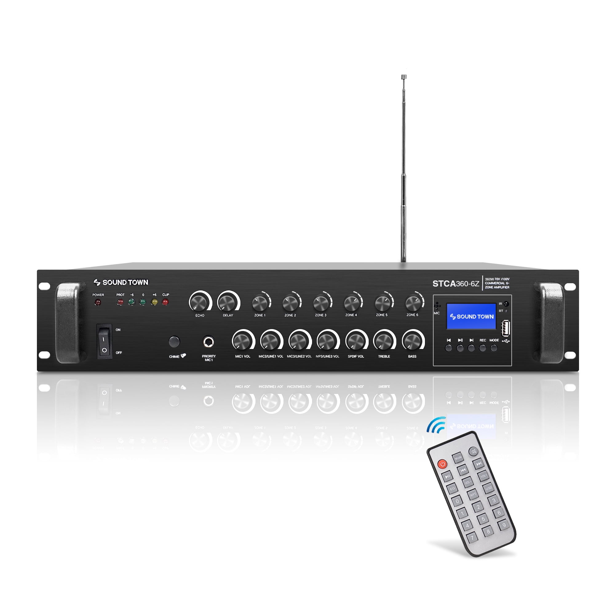 Sound Town Commercial Restaurant Bluetooth Amplifier + Surface-Mount Speaker Set, with One 6-Zone 70V/100V Amplifier with Bluetooth, 8 x 5.25-Inch Surface-Mount Speakers, White (STCA360X8MS5W)