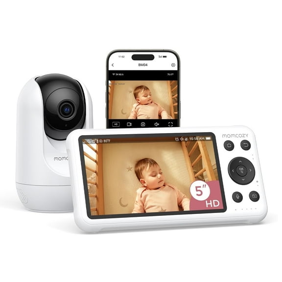 momcozy 5" WiFi Baby Monitor with HD Camera, Two-Way Audio, 4X Zoom, Motion and Cry Detection, Safe Zone, Clear Night Vision, Photo and Video Recording