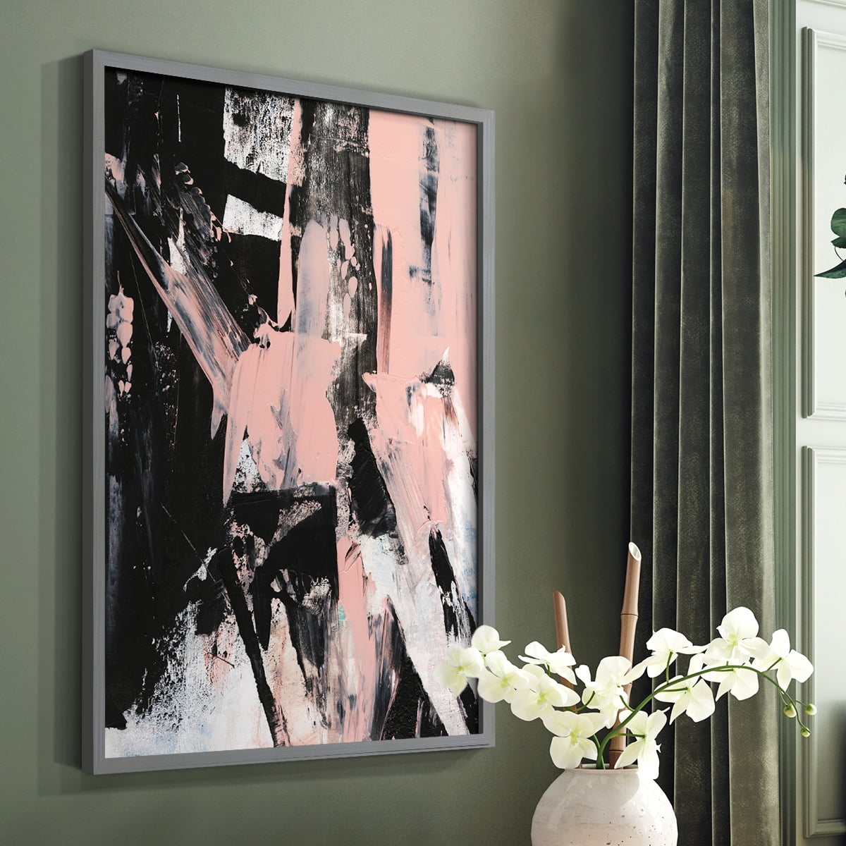 Black & Blush II Framed Print in Gray Solid Wood Framed Print No Nail Hanging