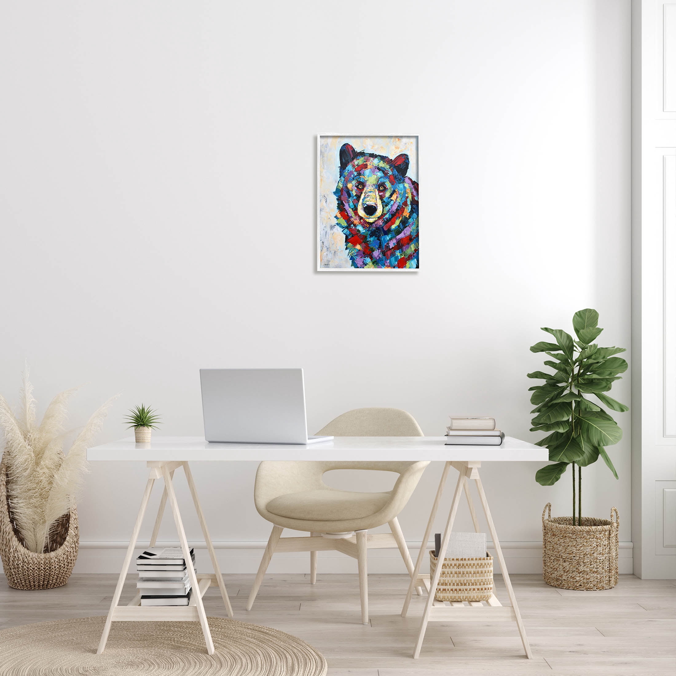Geometric Hued Abstract Bear Animals & Insects Painting White Framed Art Print Wall Art