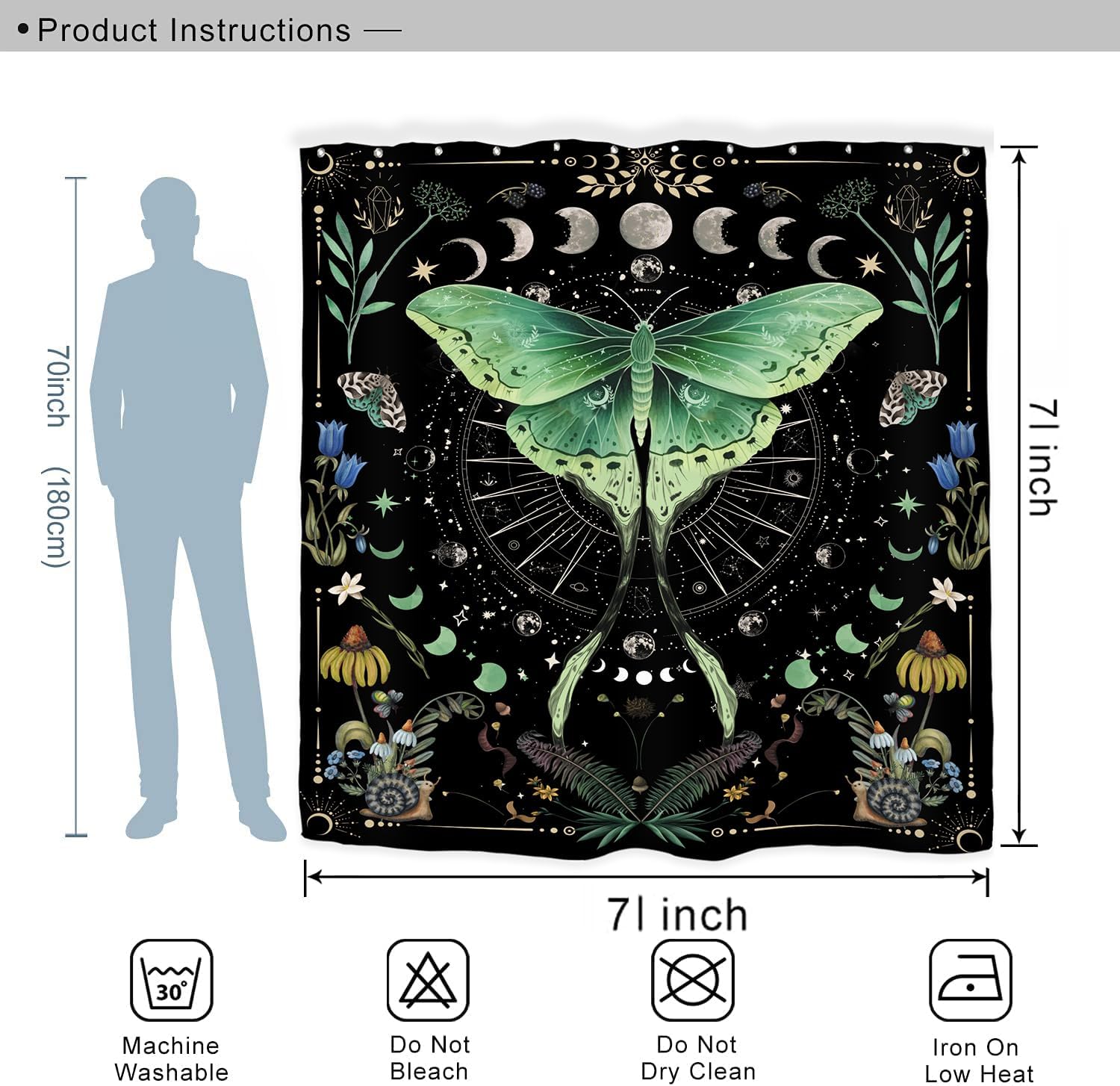 Moth Witchy Gothic Shower Curtain Set 71Wx71H Inches Moon Phase Teal Wildflower Plant Mysterious Night Moonlit Butterfly Botanical Tarot Polyester Bathroom Curtain with 12 Hooks