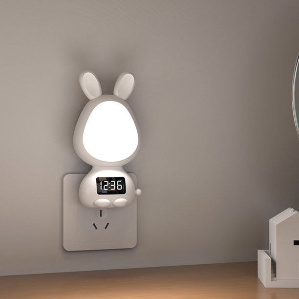 Linda lámpara de noche enchufable en la pared Reloj despertador Atenuación temporizada de 3 colores (Blanco UE)