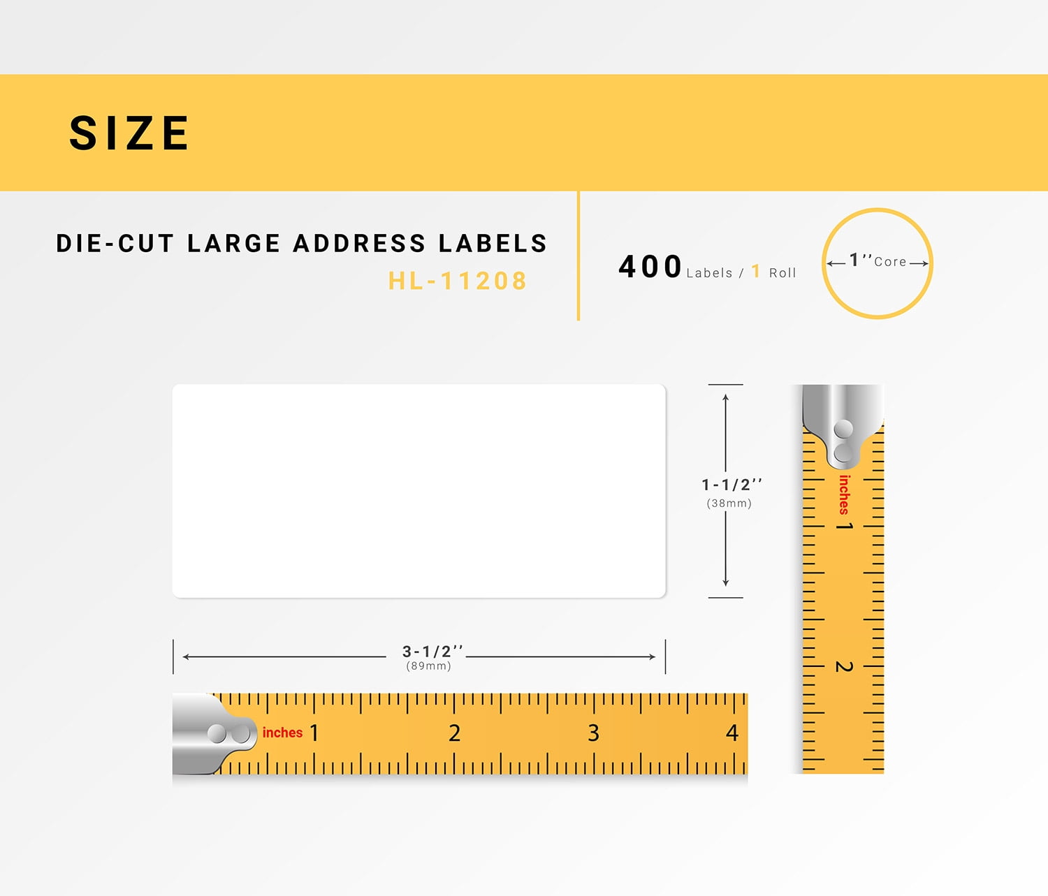 HOUSELABELS Compatible with DK-1208 Replacement Roll for Brother QL Label Printers; 400 Address Labels; 1-1/2" x 3-1/2” (38mm*90mm) with 1 REUSABLE CARTRIDGE - 6 Rolls