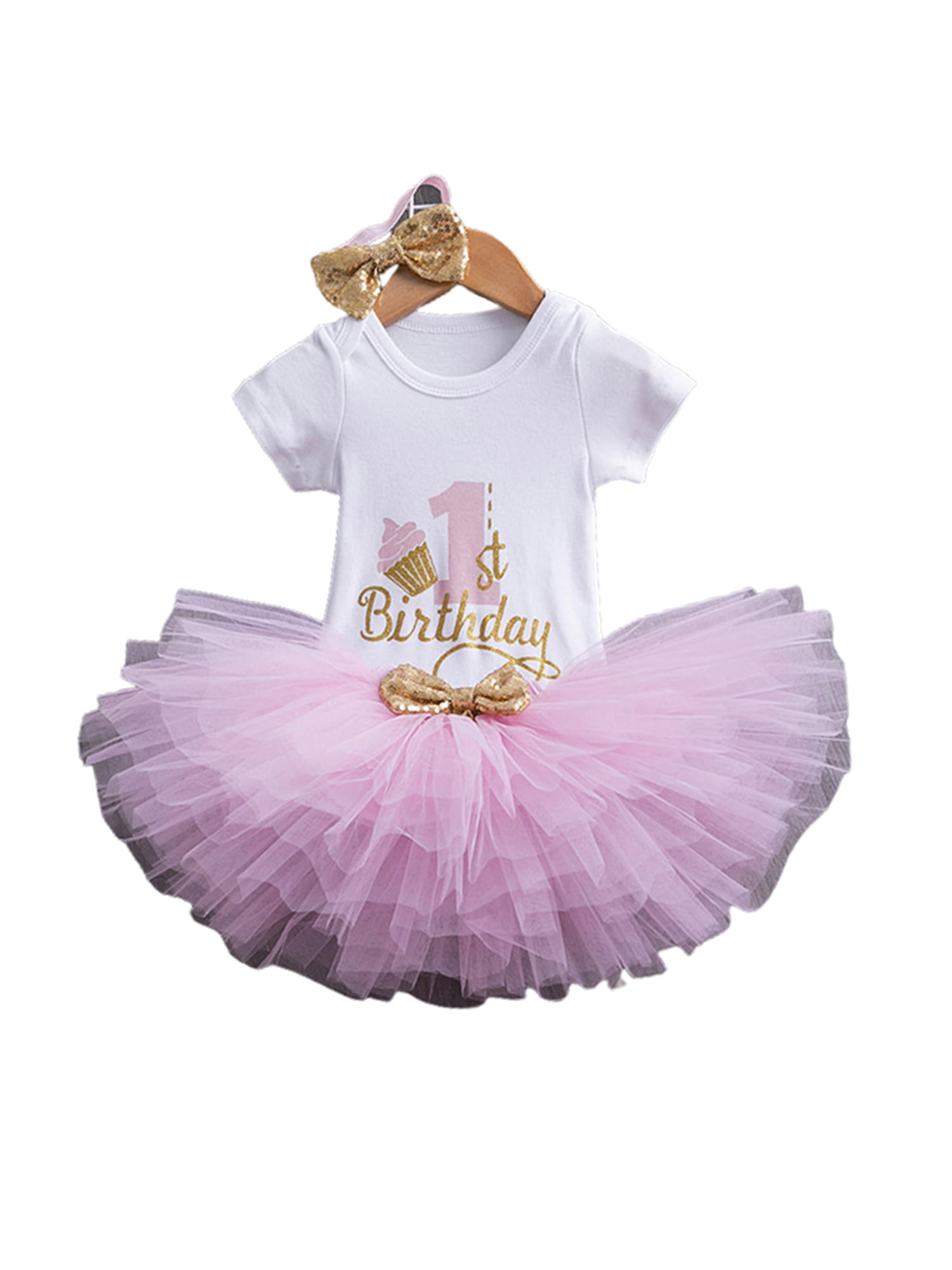 Baby Girls One Year Birthday Tulle Skirt Romper Outfit Set Romper Headband Suit 