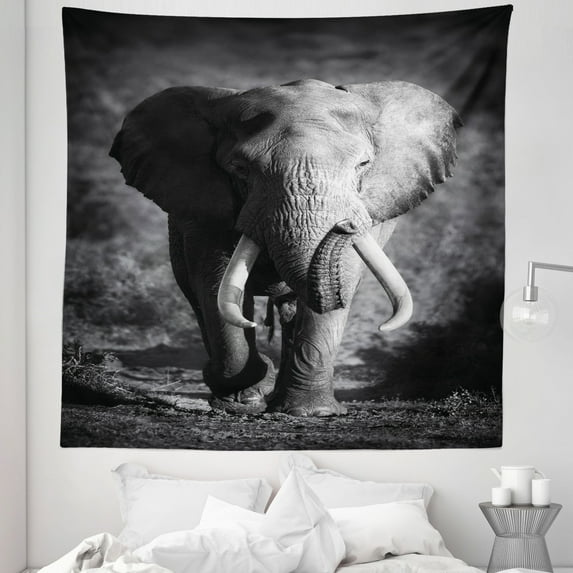 Grey Tapestry, Majestic Bull Approaching Photo Exotic Wild Habitat Mammal Art Print Safari, Fabric Wall Hanging Decor for Bedroom Living Room Dorm, 5 Sizes, Grey, by Ambesonne