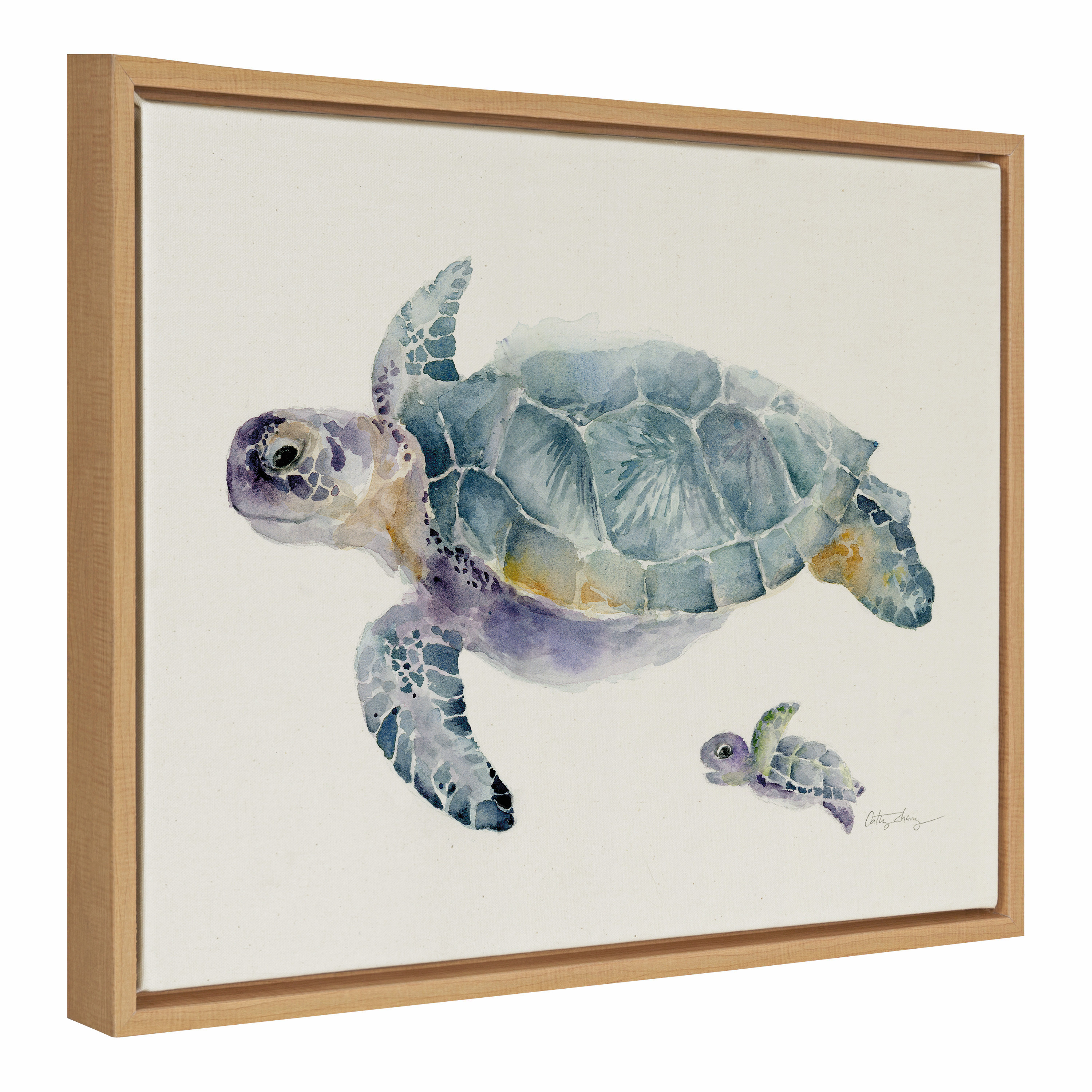 Kate and Laurel Sylvie Swim Along with Me Turtle Framed Linen Textured Canvas Wall Art by Cathy Zhang, 18x24 Natural