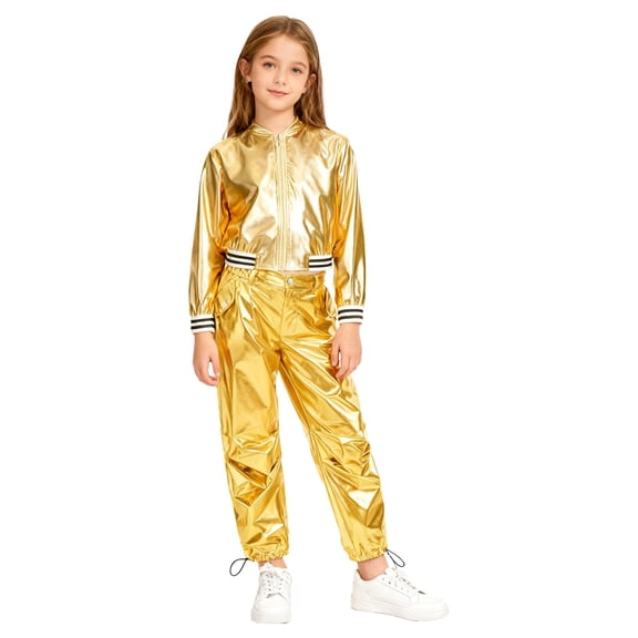 Haitryli Kids Girls Jazz Hip Hop Dance Outfit Metallic Long Sleeve Bomber Jacket And Pants Set Disco Party Dancewear Gold 10
