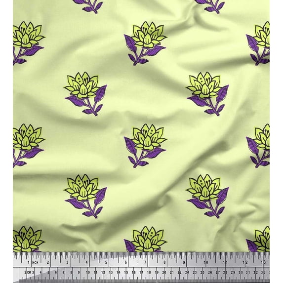 Soimoi Satin Silk Fabric Leaves & Lotus Block Printed Craft Fabric by The Yard 42 Inch Wide