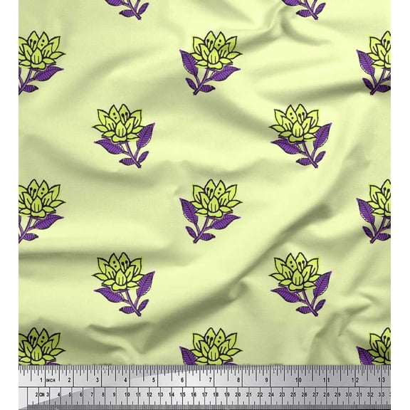 Soimoi Silk Fabric Leaves & Lotus Block Printed Fabric 1 Yard 42 Inch Wide