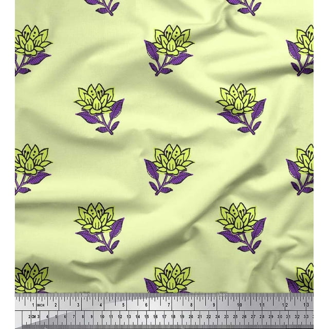 Soimoi Cotton Voile Fabric Leaves & Lotus Block Printed Fabric 1 Yard 56 Inch Wide