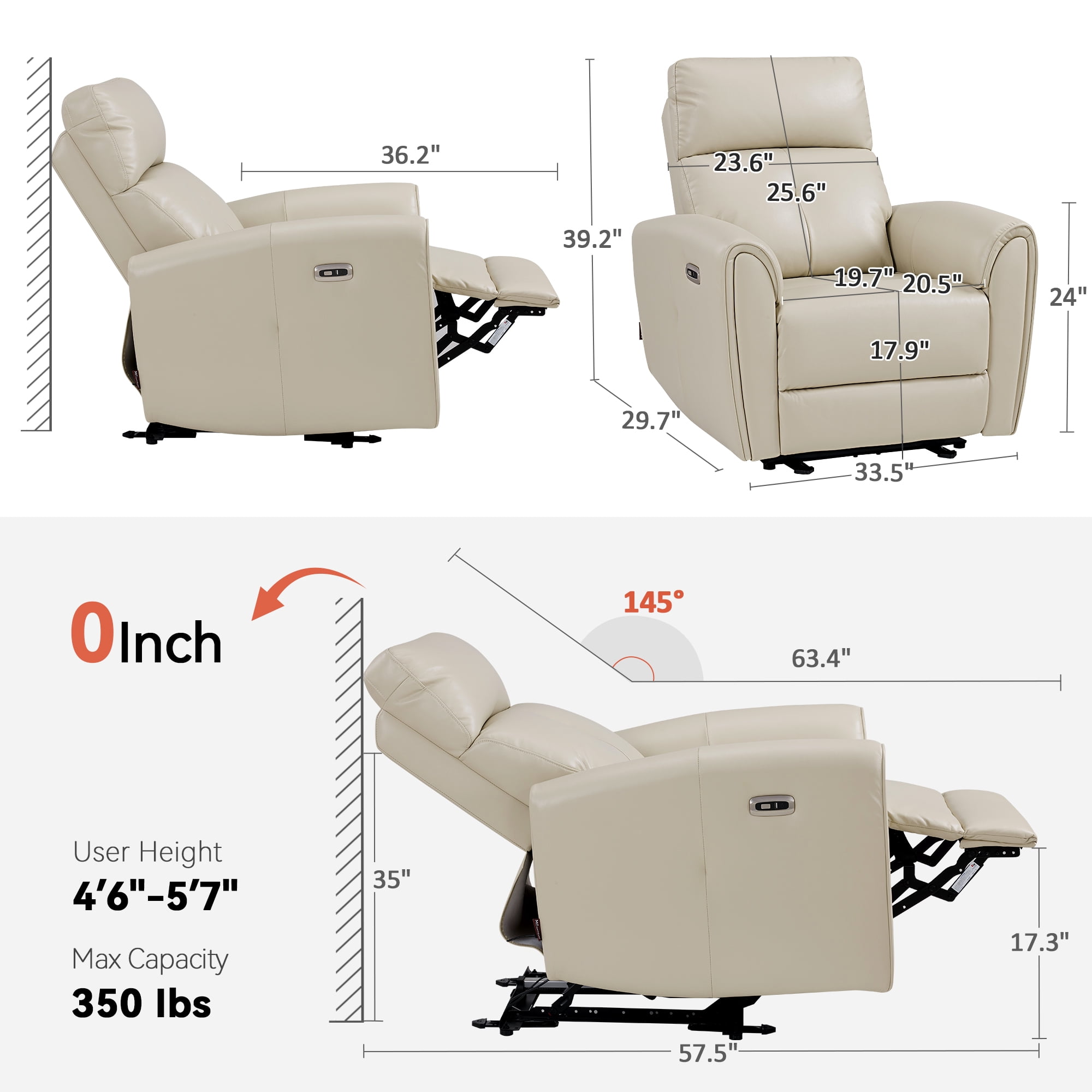 MCombo Zero Wall Hugger Power Recliner Chair for Small Spaces, Small Living Room, FSC Certified, Faux Leather, Beige