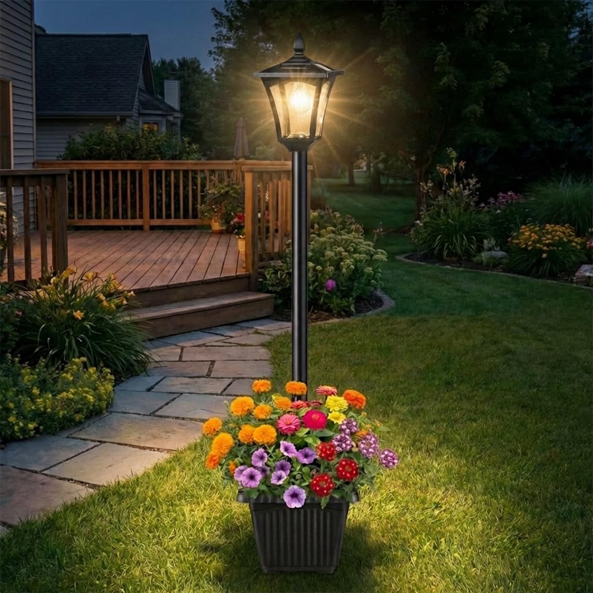 76" Solar Lamp Post Lights with Planter, Glass & Metal Street Light Outdoor Waterproof, 60 Lumens Dusk to Dawn for Garden Yard Driveway Porch Patio, Warm White