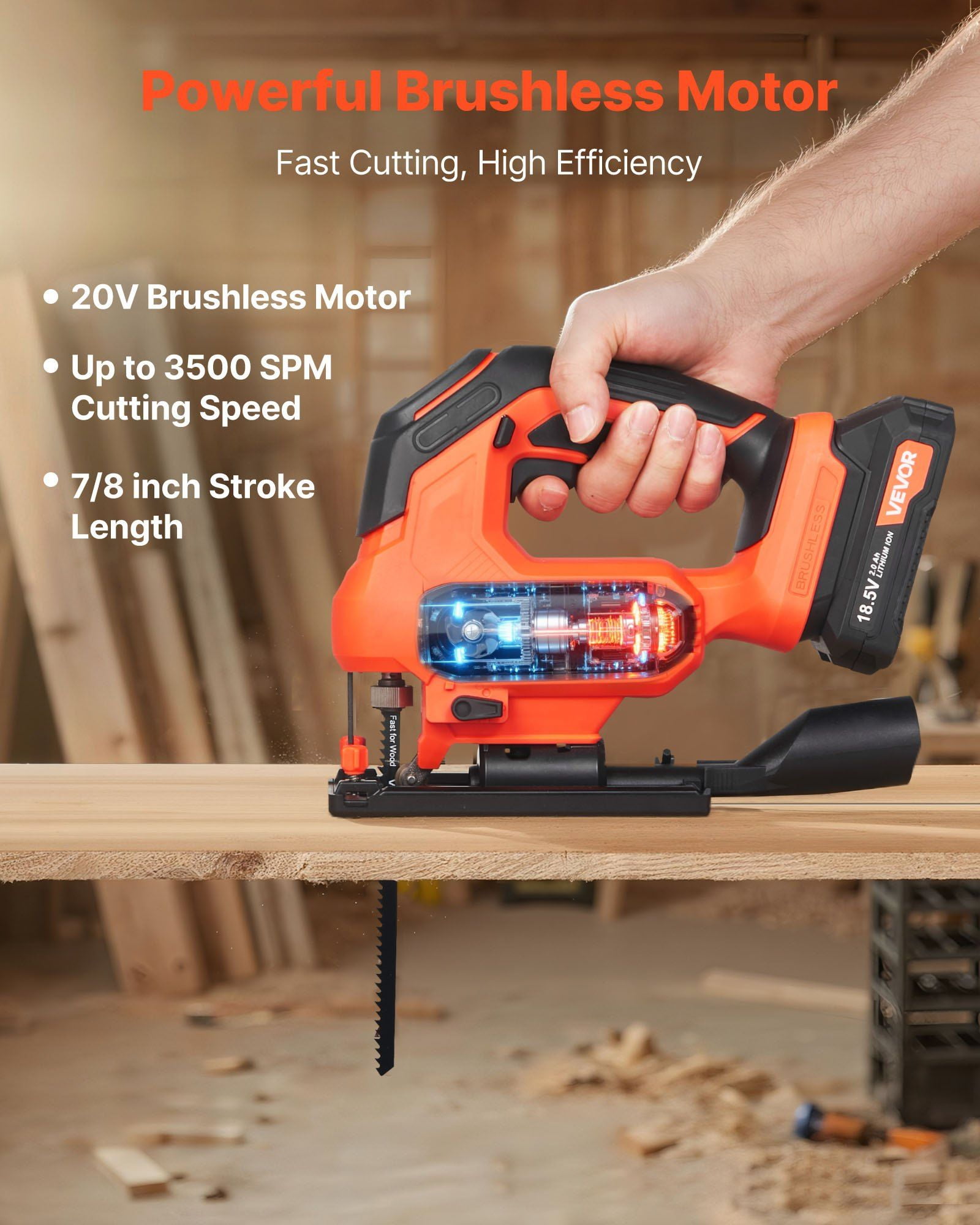 20V Brushless Cordless Jig Saw 3500 SPM with 6 Blades LED Light 6 Speed 0-45 Degree Bevel Cuts 4 Orbital Settings for Wood and Metal Cutting