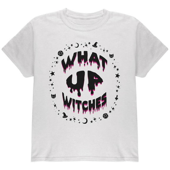 halloween what up witches witchy elements black text youth t shirt