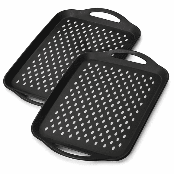 PLERISE Large Nonslip Serving Tray with Handles, Set of 2, Black, for Breakfast & Dinner