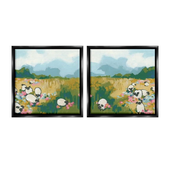 Stupell Industries Scattered Sheep in Field Landscape Painting Black Floater Framed Canvas Art Print Wall Art, 18 x 18, Set of 2