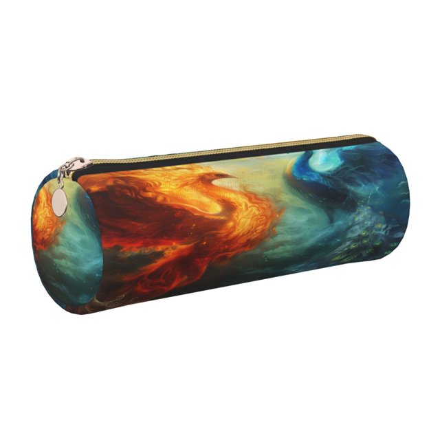Easygdp Red And Blue Fire Peacock para Estuche de Lápices Cilíndrico de Cuero con Cremallera, Organizador de Lápices de Cuero para Escuela, Oficina y Viajes