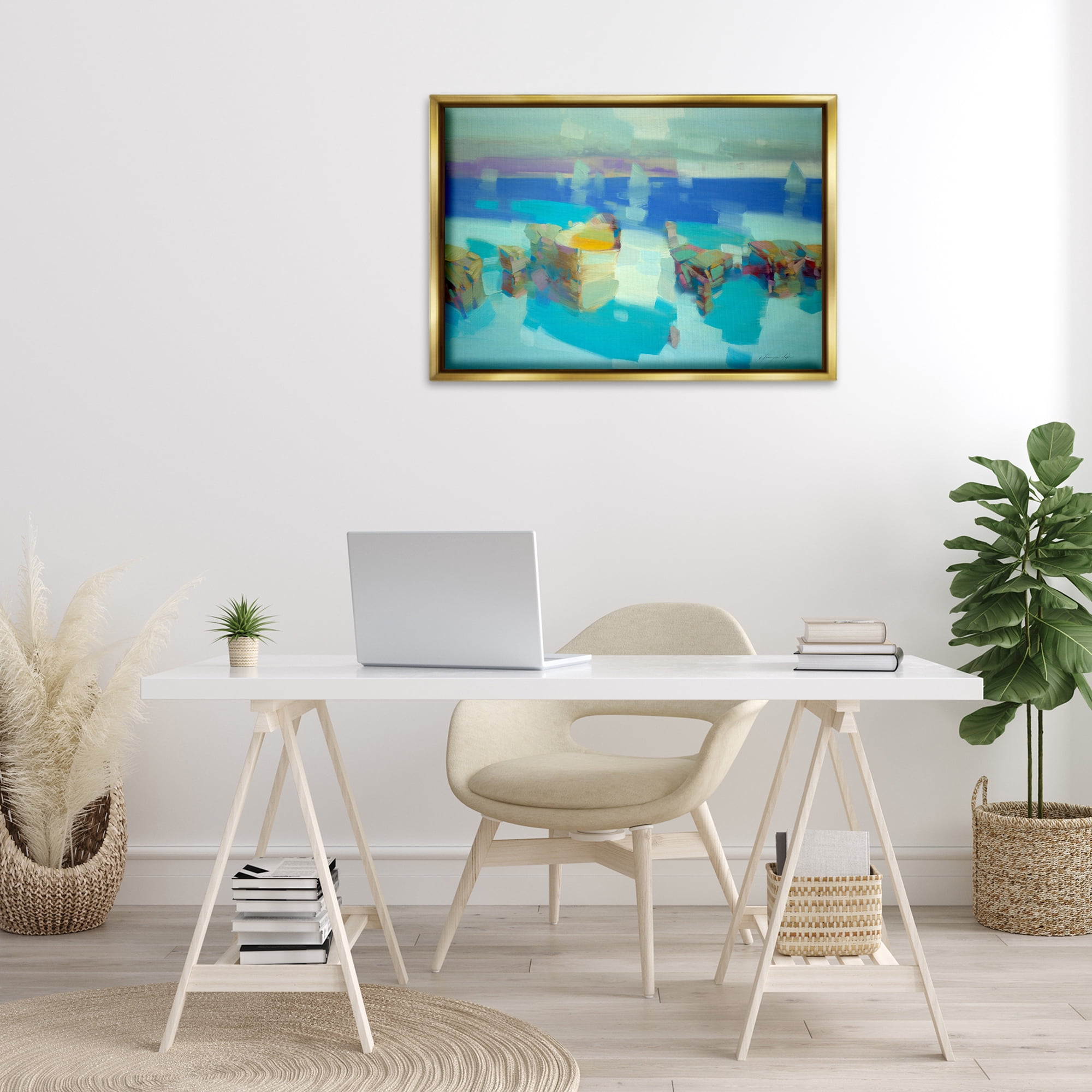 Stupell Industries Abstract Nautical Cliffs Abstract Painting Gold Floater Framed Canvas Art Print Wall Art, 31 x 21