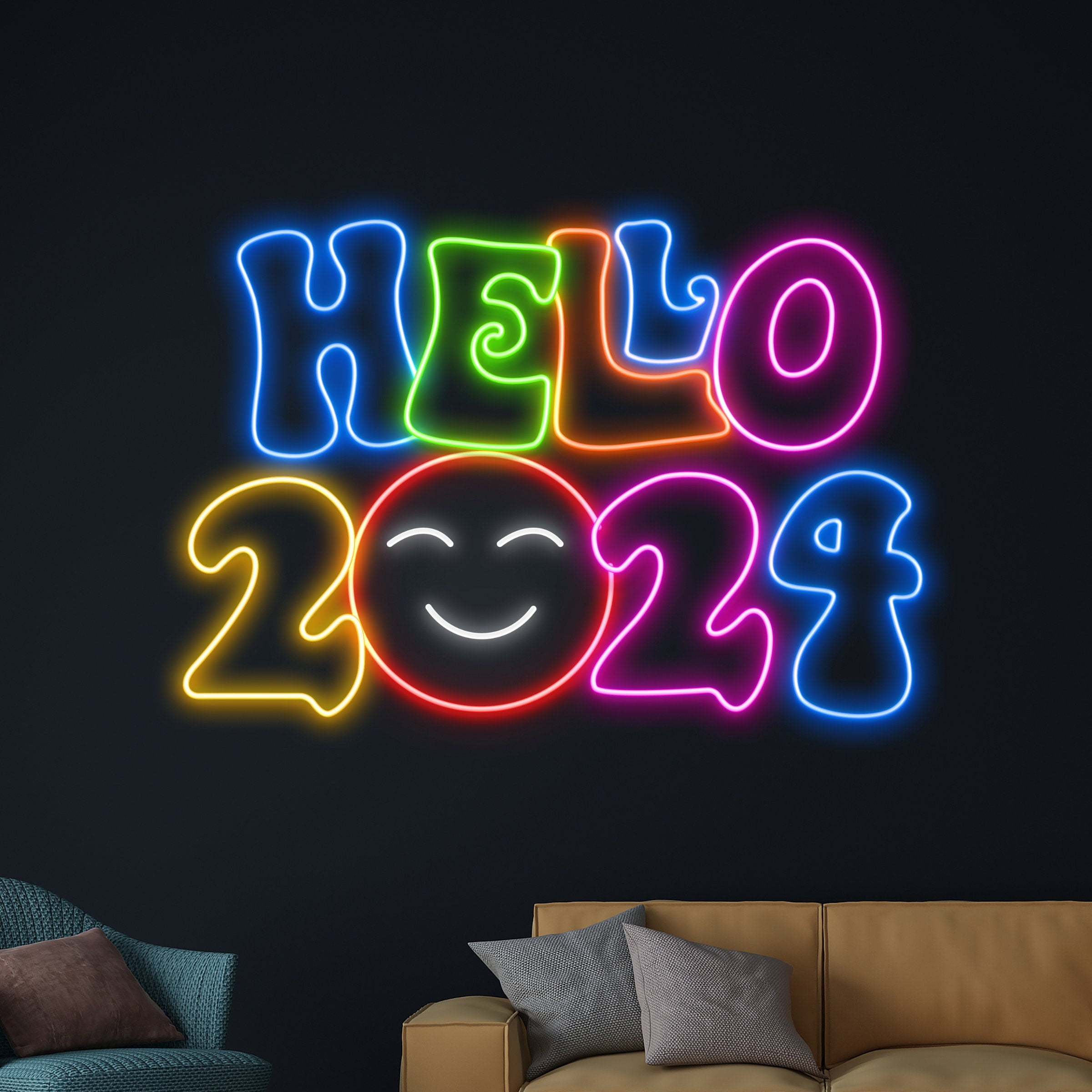 Handmadetneonsign Hello 2024 Neon Sign, Hello 2024 Led Light, Merry Christmas Neon Light