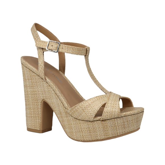 SUN STONE Womens Beige Cushioned Comfort Adjustable Woven-Like 1" Platform T-Strap Slip Resistant Jamie Round Toe Block Heel Buckle Slingback Sandal 9 M