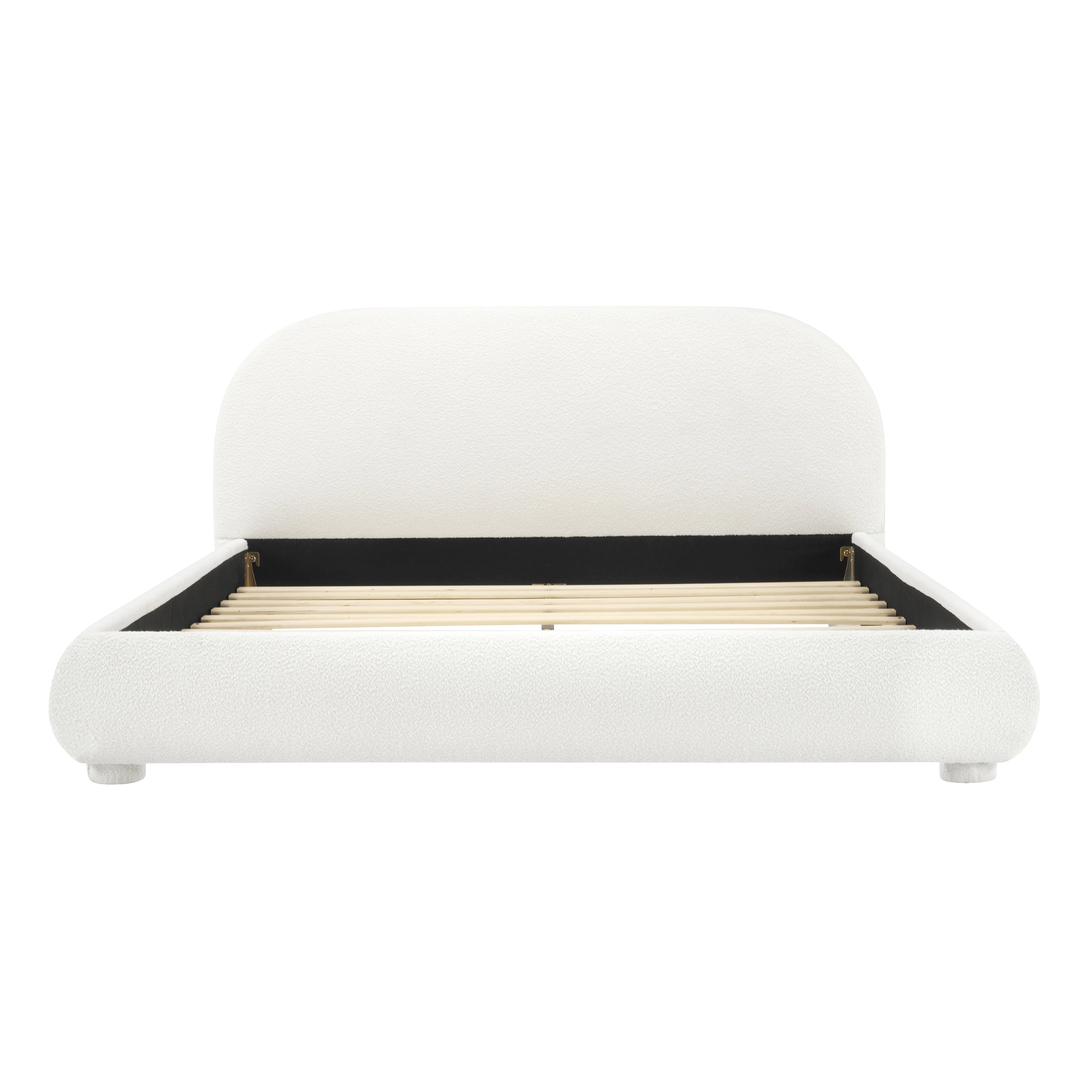 Noble House Queen Cream Style Upholstered Bed,Curved Textured Fabric Headboard with Solid Frame,Creamy White