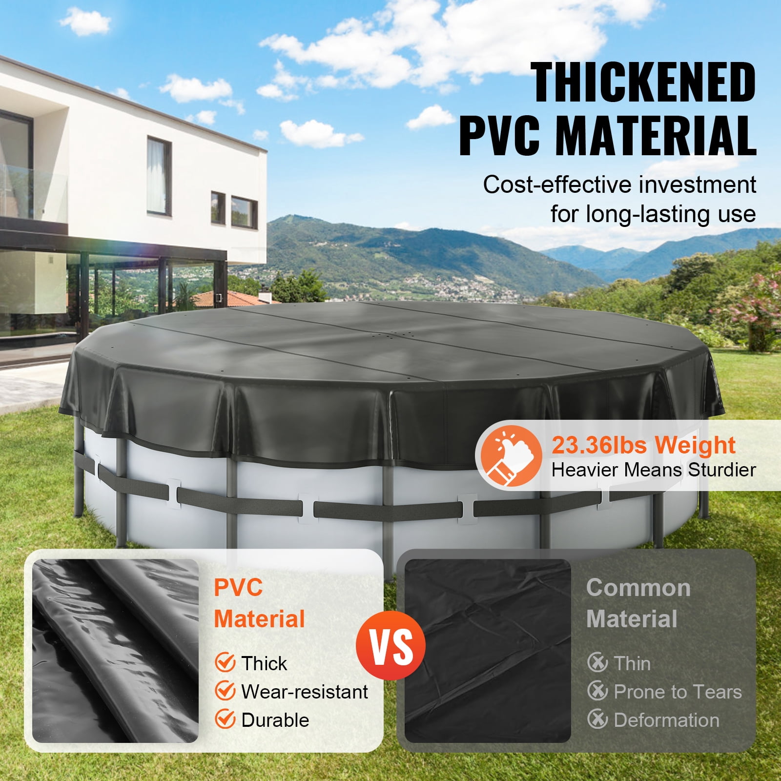 SKYSHALO Round Pool Cover, 18 Ft PVC Swimming Round Pool Solar Cover Above Ground Drawstring Design Inflatable Pools Cover, Black