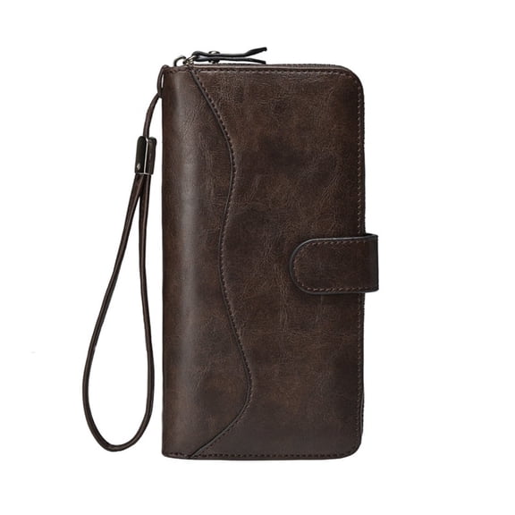 AOMRCOL Wallet for Women Clutch Wristlet Leather Purse ,Large Capacity Credit Card Holder with Grip Hand Strap (Dark Brown)