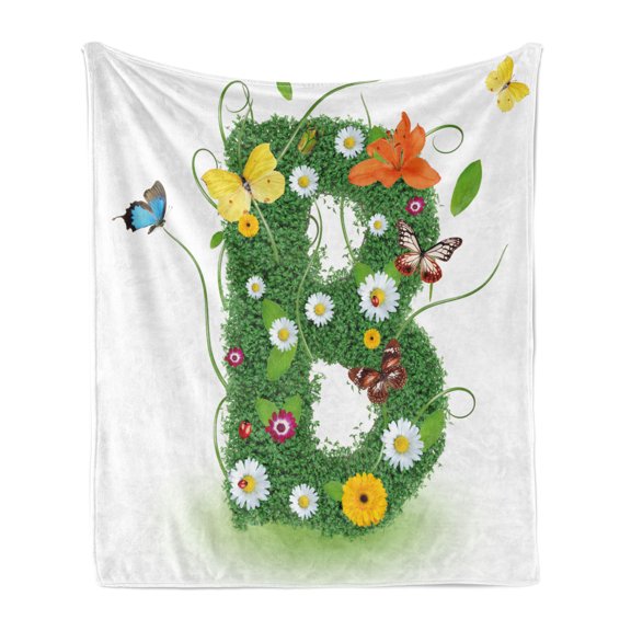 Letter B Soft Flannel Fleece Blanket, Uppercase B Sign with Flourishing Daisies Exotic Garden Plants Butterflies Fresh, Cozy Plush for Indoor and Outdoor Use, 50" x 70", Multicolor, by Ambesonne