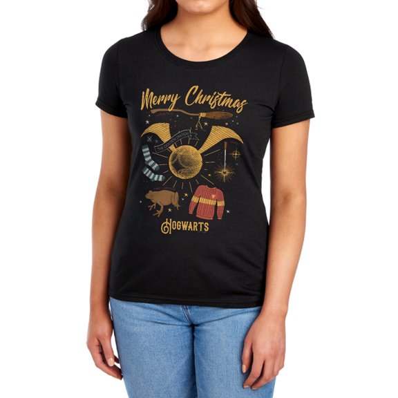 Harry Potter Merry Christmas From Hogwarts Women's T Shirt, Black, 2X-Large
