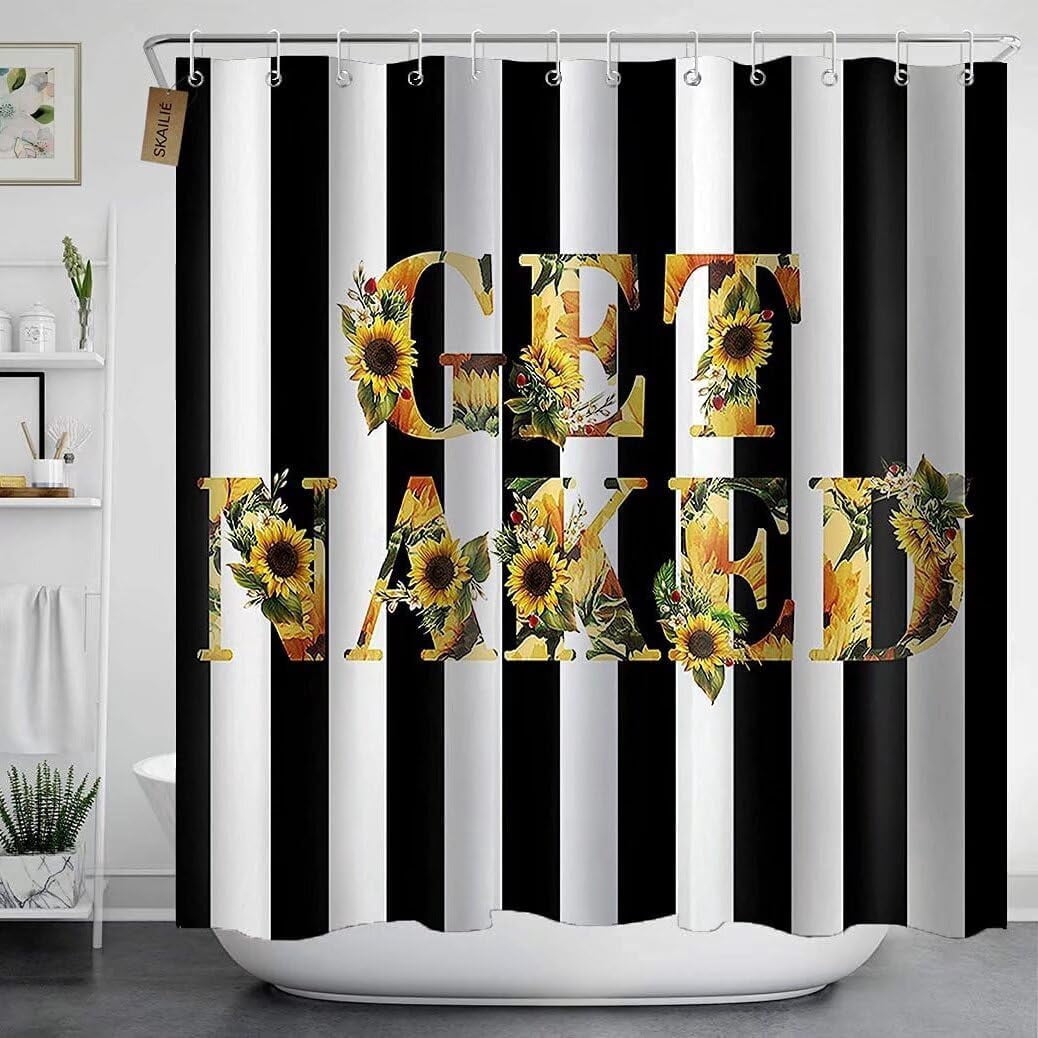4Pcs Get Naked Sunflower Shower Curtain Sets Floral Green Bathroom Set Decor with Non-Slip Rugs Bath U-shaped Mat Toilet Lid Cover Country Flower Bathroom Curtains Shower Set with 12 Hooks