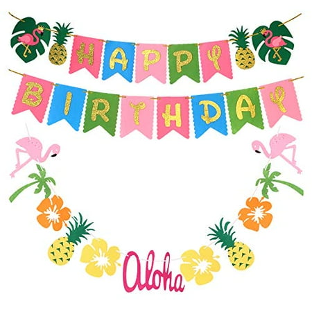 Hawaiian Party Decoration |Luau Party Supplies| Hawaiian Tropical Banner, Flamingo Garland for Pool Party Supplies,Tropical Party Decoration(set of 2),Birthday Banner for Beach Moana Party d