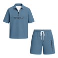 thumbnail image 4 of Men Solid Waffle Knit 2 Piece Set,Zip Neck Polo With California Letter Print & Drawstring Shorts Summer Casual Outfit Navy XXXXL, 4 of 4