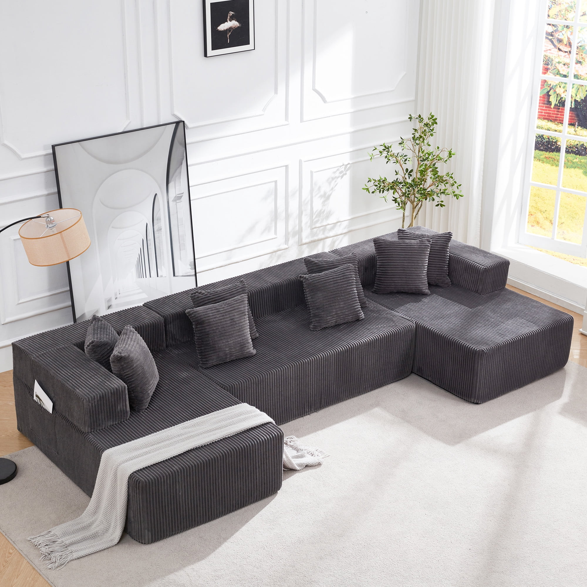 Vicluke 131" Boneless Memory Foam Sofa with Chaise Lounge, Comfy Corduroy Fabric Modular Sectional Couch, U-Shaped Sofa for Living Room & Apartment, No Assembly Required (Gray)