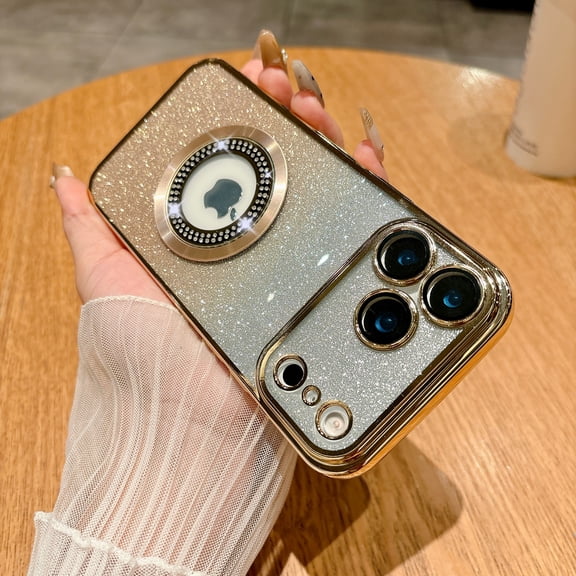 for iPhone 17 Pro Magnetic Glitter Card Clear Case Compatible with MagSafe, Drop Protection Slim Shockproof Case with Camera Lens Protector Plating Bling Cover for iPhone 17 Pro, Gold