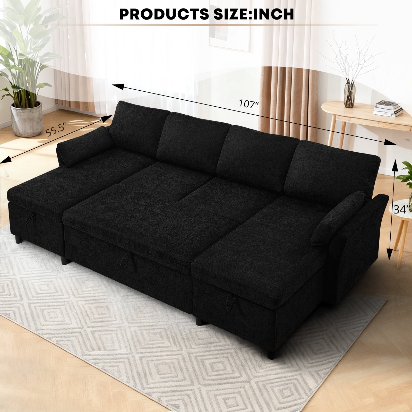 ACMEASE 107 Inches Fabric Sectional Sofa with Pull Out Sofa Bed, Modern U Shaped Sofa with Throw Pillows, Comfortable Sleeper Couch with Storage Chaise for Living Room, Black