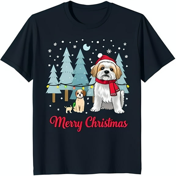 Festive Christmas T-Shirt with Shih Tzu Dogs in Santa Hat & Snowy Forest