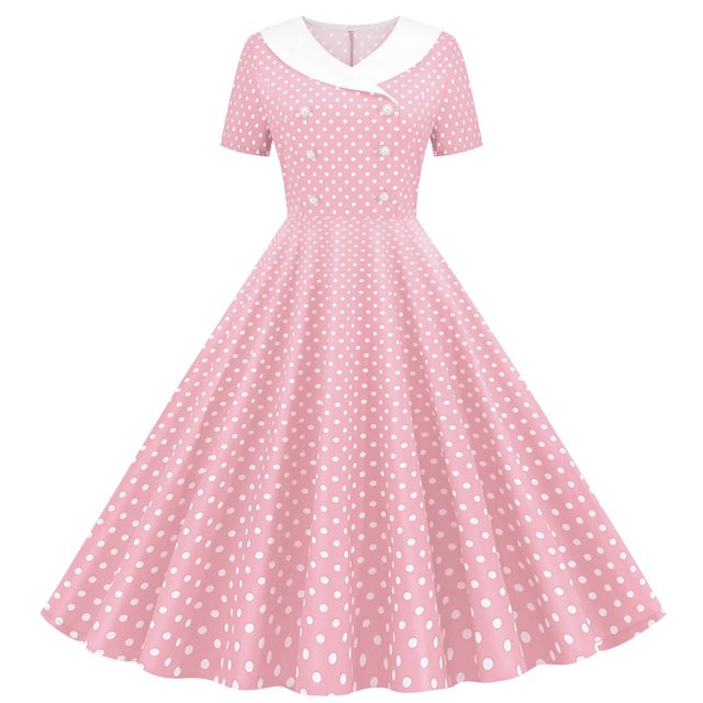 Dvprdro Robe de Bal pour Femme Invitée de Mariage Mode Vintage à Pois Imprimée Manches Courtes Ligne A Évasée Cocktail Fête Robe Midi