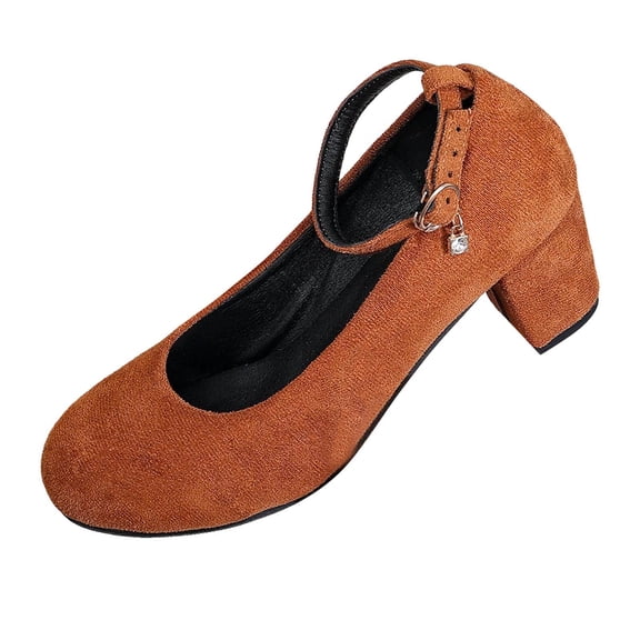 Gpaecead Women's Mid Chunky Heel Dress Shoes Round Toe Faux Suede Comfortable Spring Summer Casual Ankle Strap Shoes Brown