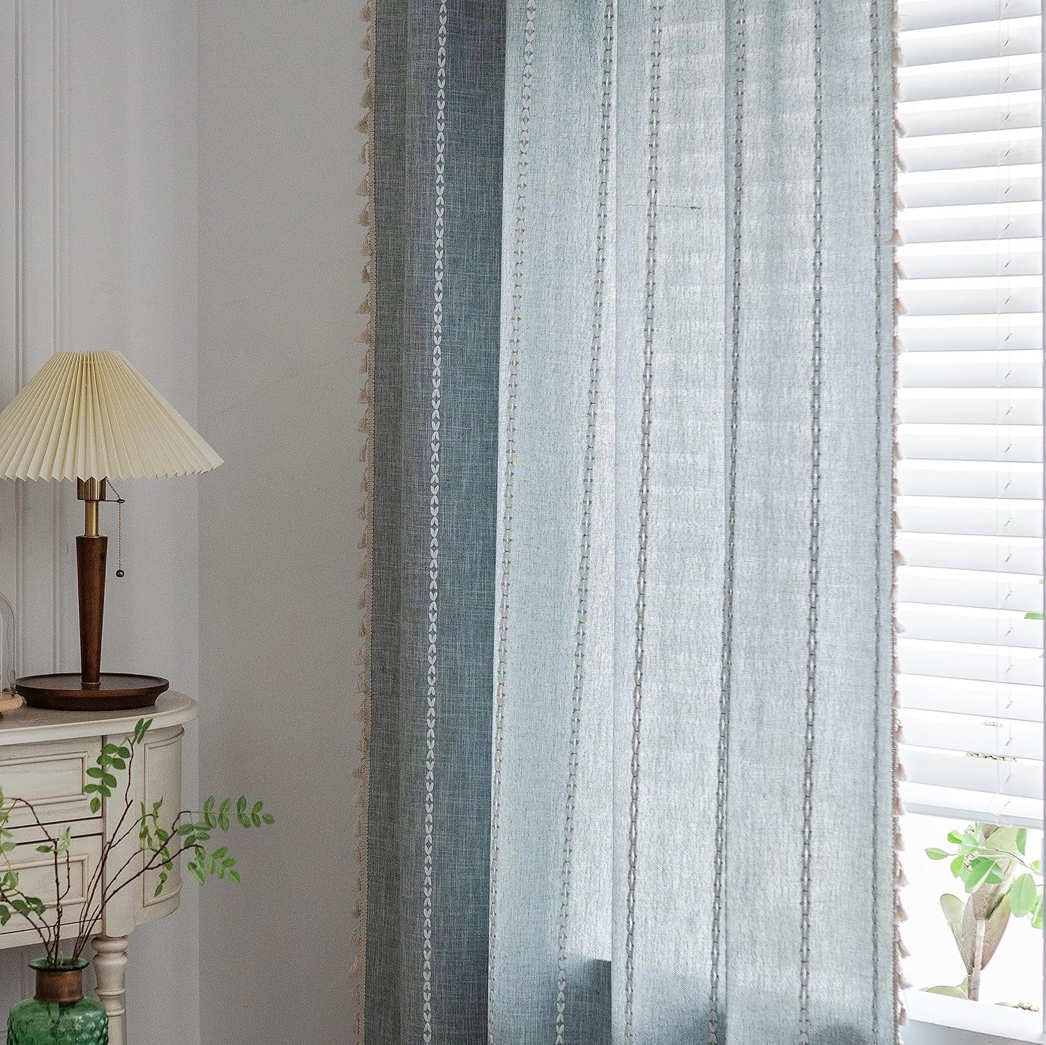 Psoiuetr Blue Boho Curtains for Bedroom Living Room Linen Cotton Embroidered Semi Blackout Farmhouse Window Treatment Drape Vintage Tassels Rod Pocket 1 Panel 52" W x 84" L