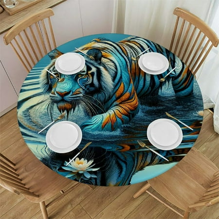 

QCPP Lotus Tiger Animal Art Round Table Cover 100% Polyester Fiber 42 -46