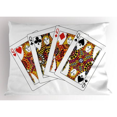 Queen Pillow Sham Queens Poker Set Faces Hearts and Spades Gambling Theme Symbols Playing Cards, Decorative Standard King Size Printed Pillowcase, 36 X 20 Inches, Black Red Yellow, by Ambesonne