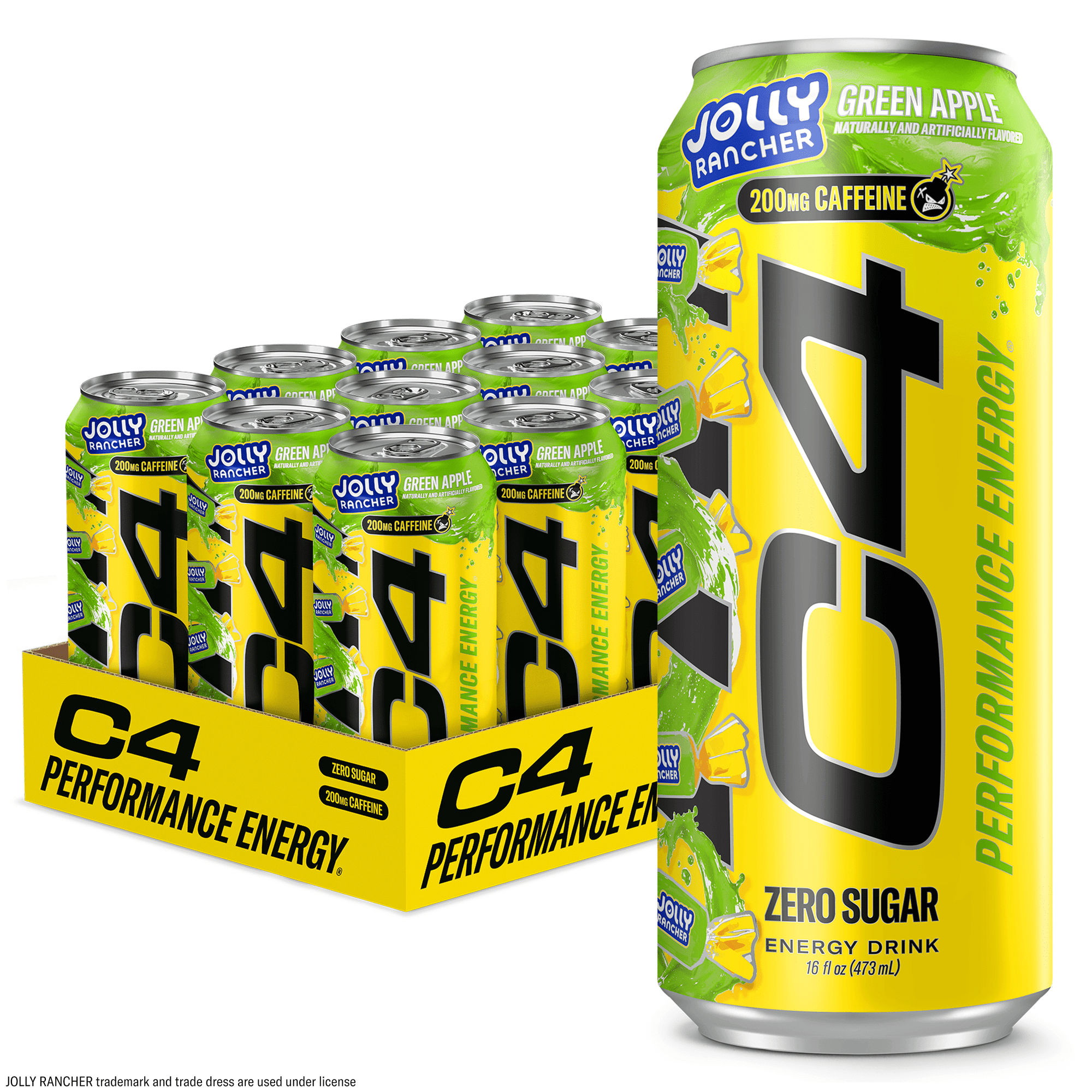 C4 Performance Energy Drink, Jolly Rancher Green Apple Flavor, Zero Sugar, Carbonated, 16 fl oz Can (12 Pack)