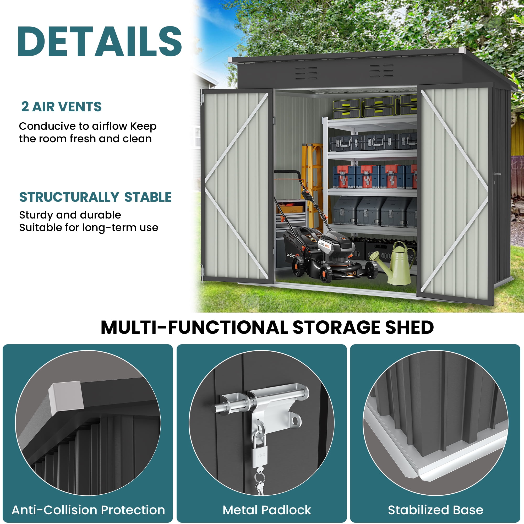 Sesslife 6' x 4' Outdoor Storage Shed, Patio Galvanized Steel Metal Shed with Sliding Doors, Garden Shed with Vents for Tools, Lawn Mover, Bike, Black