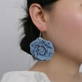 thumbnail image 3 of Camellia Flower Dangle Earrings for Women Cowboy Statement Big Exaggerated Fabric Hoop Huggie Blue Floral Studs Gold Plated Long Drop Dangling Earring Fashion Jewelry Gifts, 3 of 6