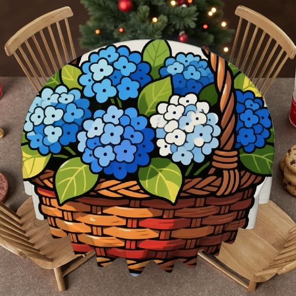 tablecloths for round tables - Blue Hydrangea Print, Holiday-Themed Design Kitchen Accessories Tablecloth for dining table round, Cafe, picnic,60x60 Inch